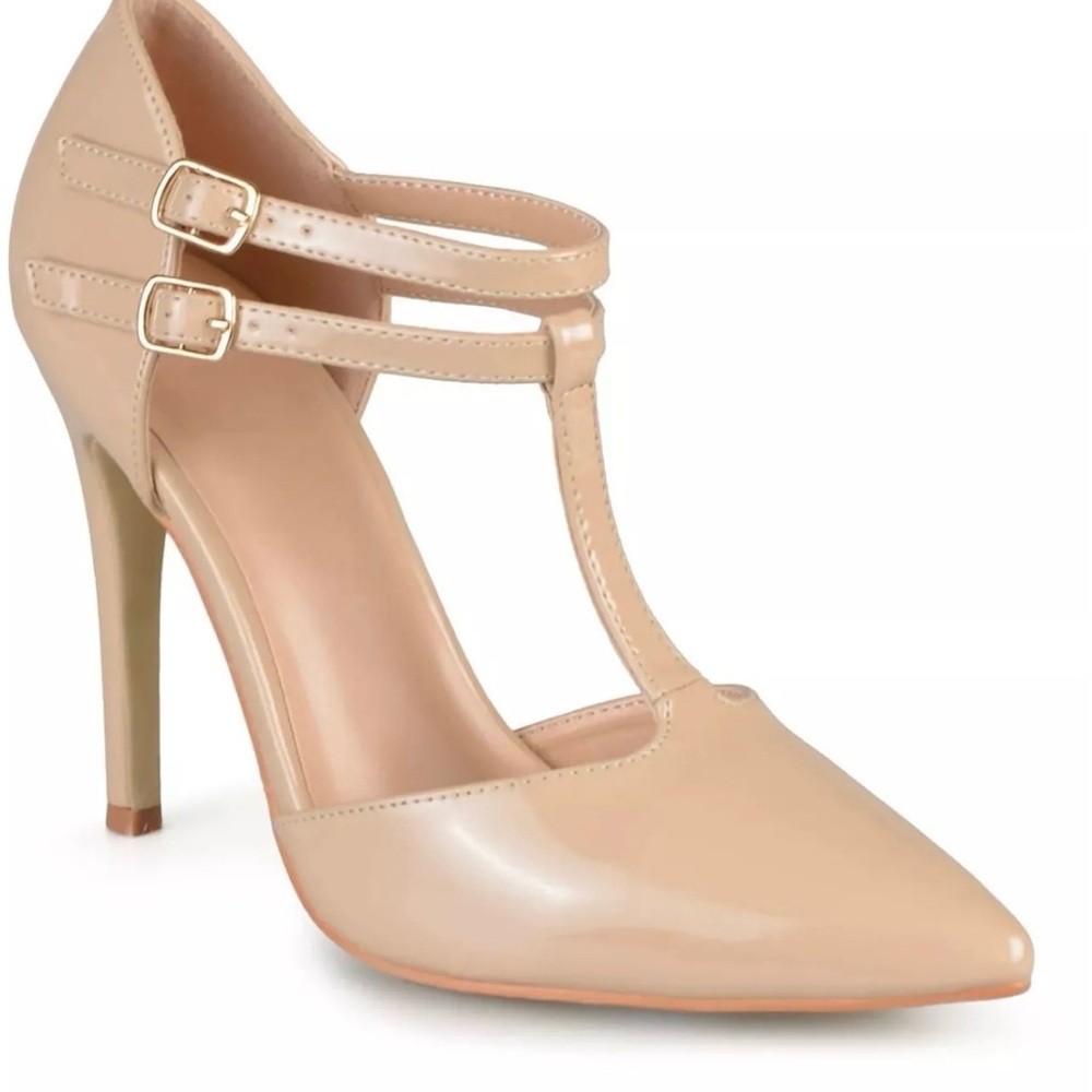 journee Collection Tan T-Strap Pointed Toe Heels Size 9